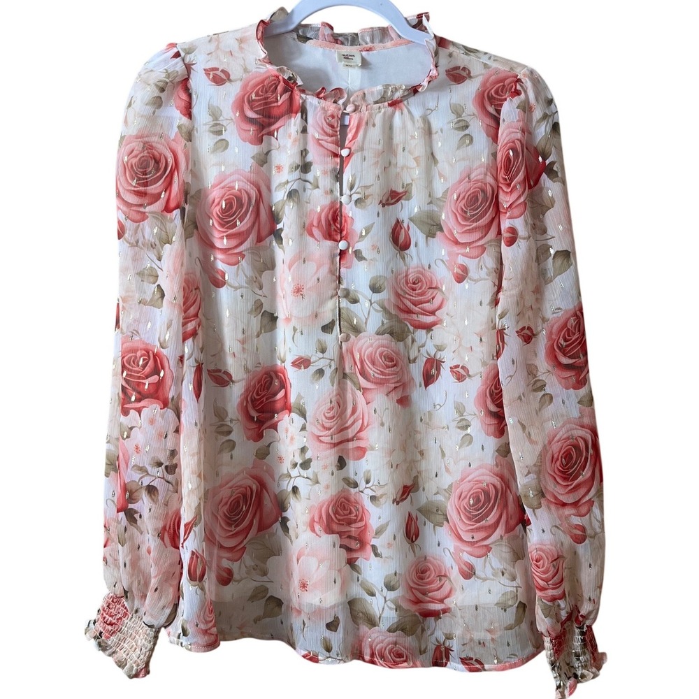 Autres Filles Pink Rose Floral Gold Metallic Blouse Size M Coquette Cottagecore